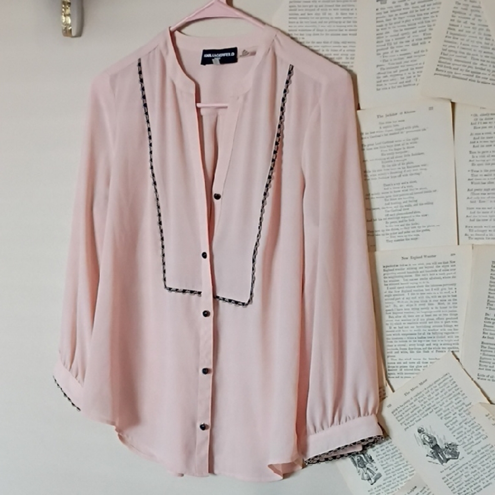 Karl Lagerfeld Paris Light Pink Blouse with Black & Silver Beading